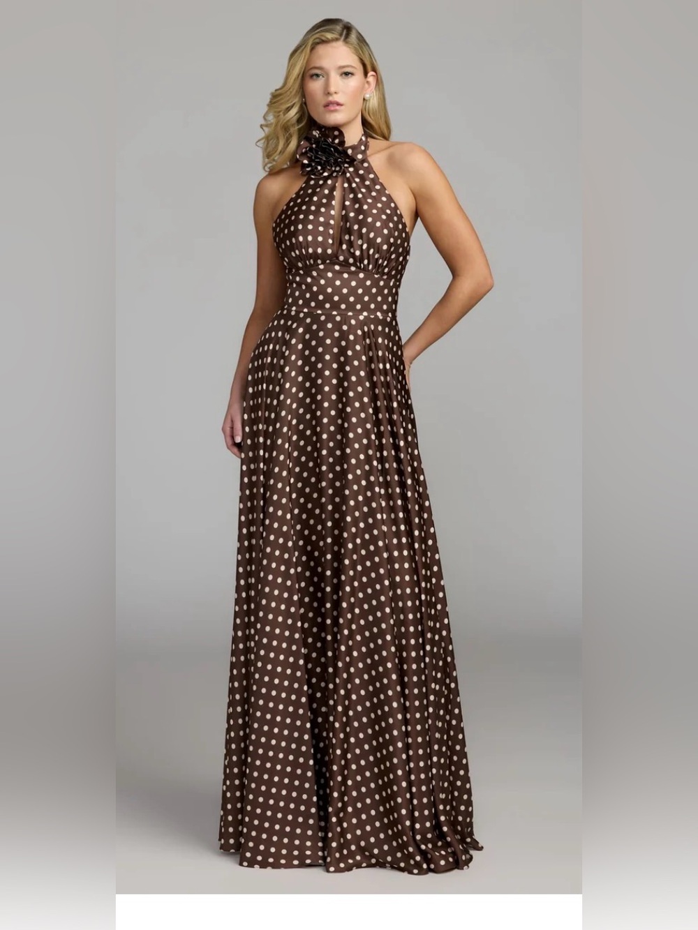 Mac Duggal 50210 Lined Brown Polka Dot A-Line Halter Maxi Dress Size 10. NWT.